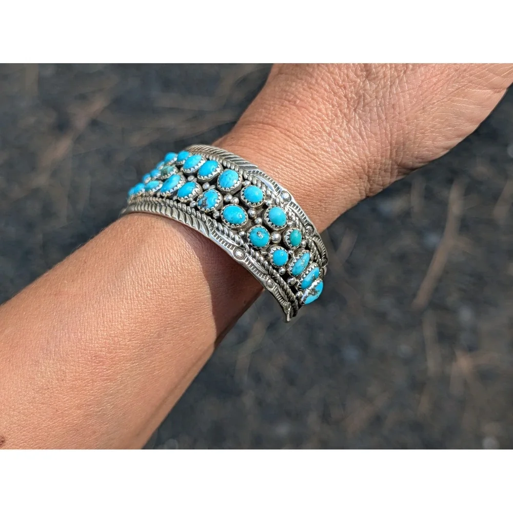 Navajo Turquoise Cluster Bracelet by Marlena‎ Jones Sterling Silver Sz 7.25in